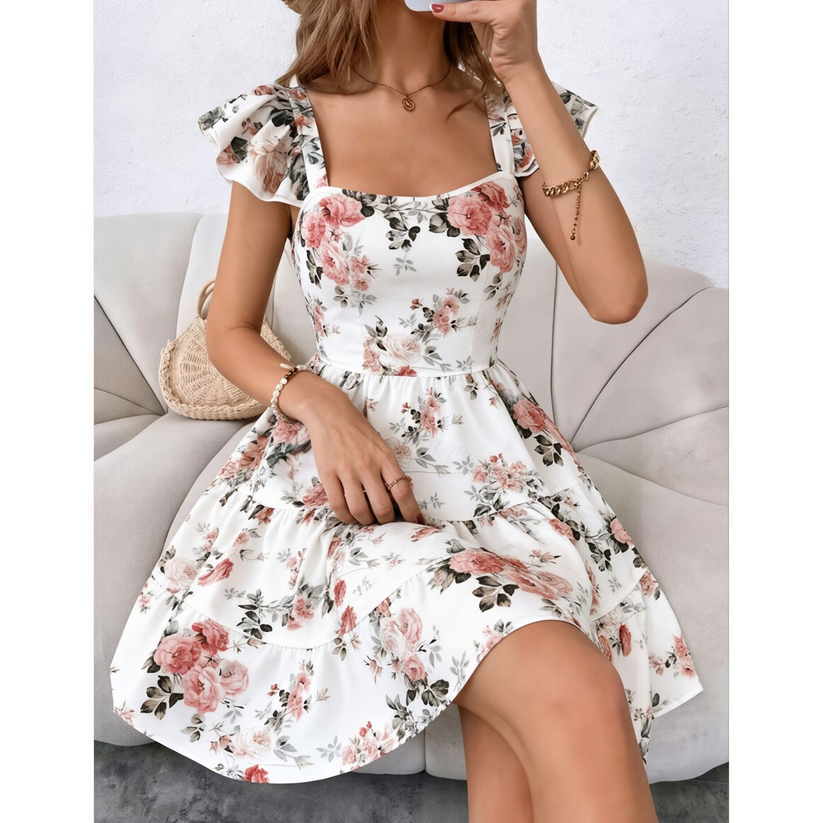 Vestido Midi Blanco con Estampado Floral y Mangas con Volantes - Imagen 4