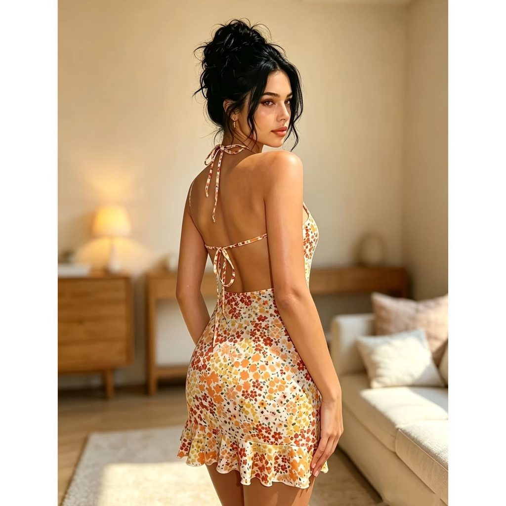 Vestido Corto Floral Amarillo con Espalda Descubierta