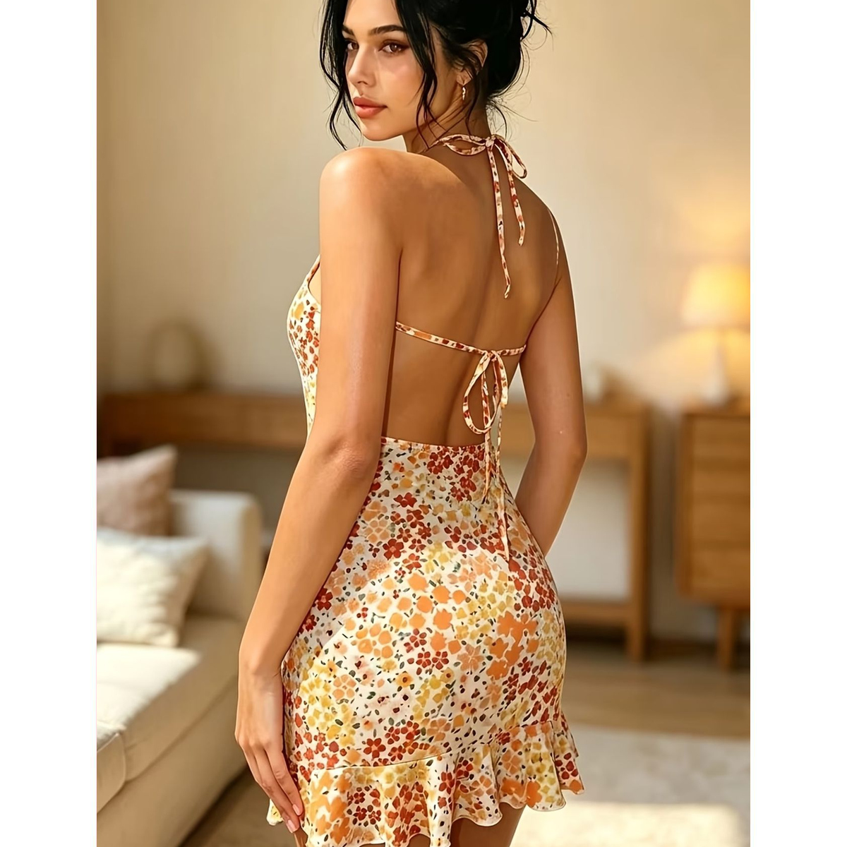Vestido Corto Floral Amarillo con Espalda Descubierta - Imagen 4