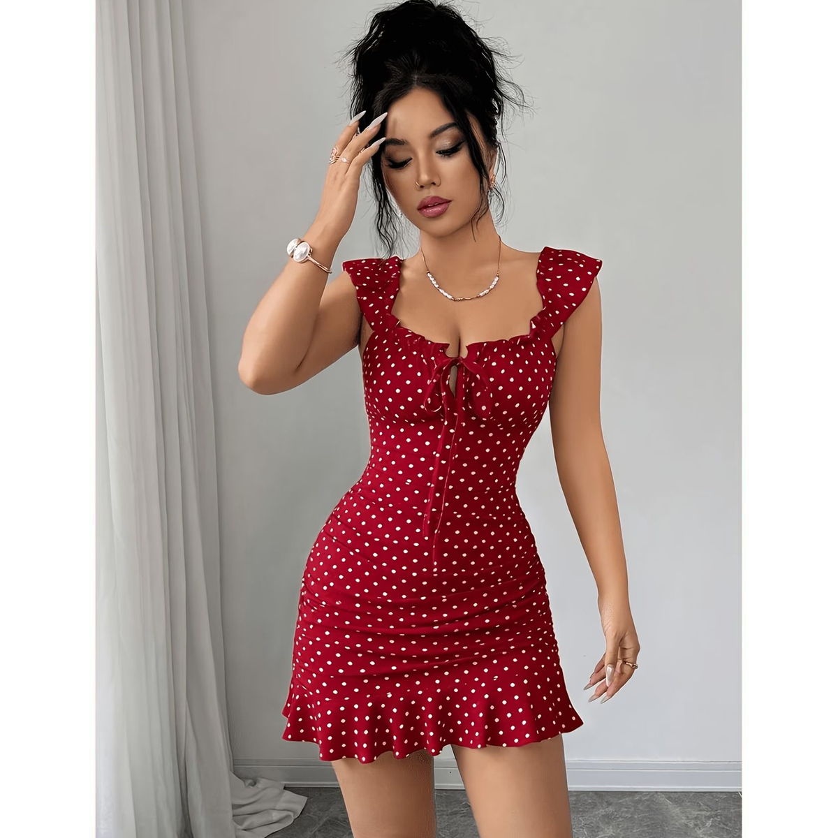 Vestido Corto Rojo con Escote Bardot y Falda con Vuelo - Imagen 3